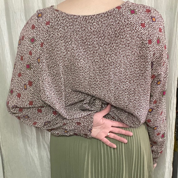 Vintage 80s Long Sleeve Brown with Jewel Tone Pattern Blouse + Shoulder Pads - Picture 2 of 15